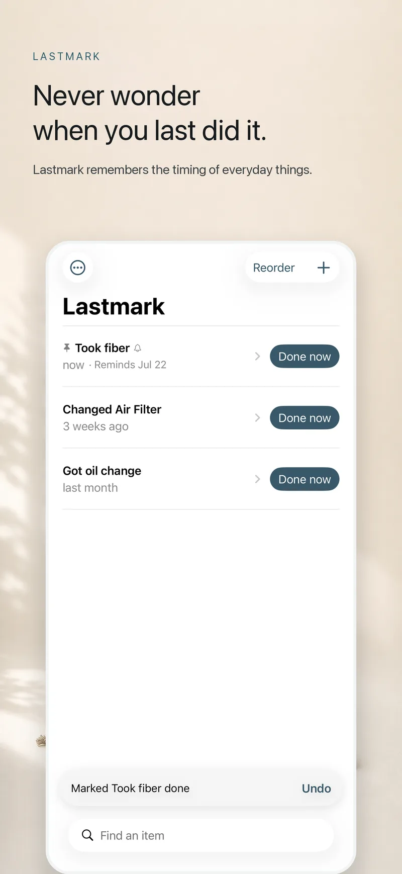 Lastmark iPhone screen showing a list of recently completed items with Done now buttons