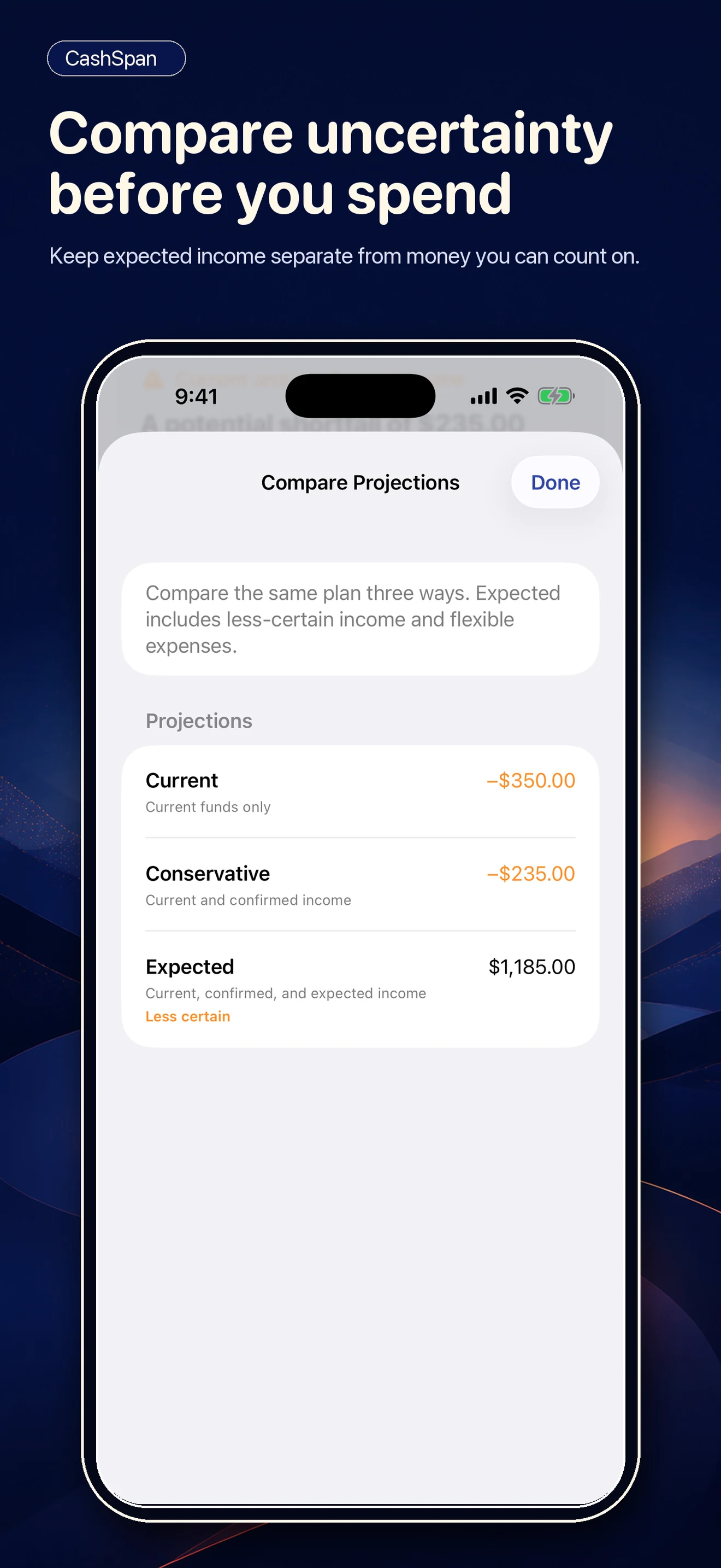 CashSpan scenario comparison on iPhone listing Current, Conservative, and Expected projections side by side with Explore your plan tools
