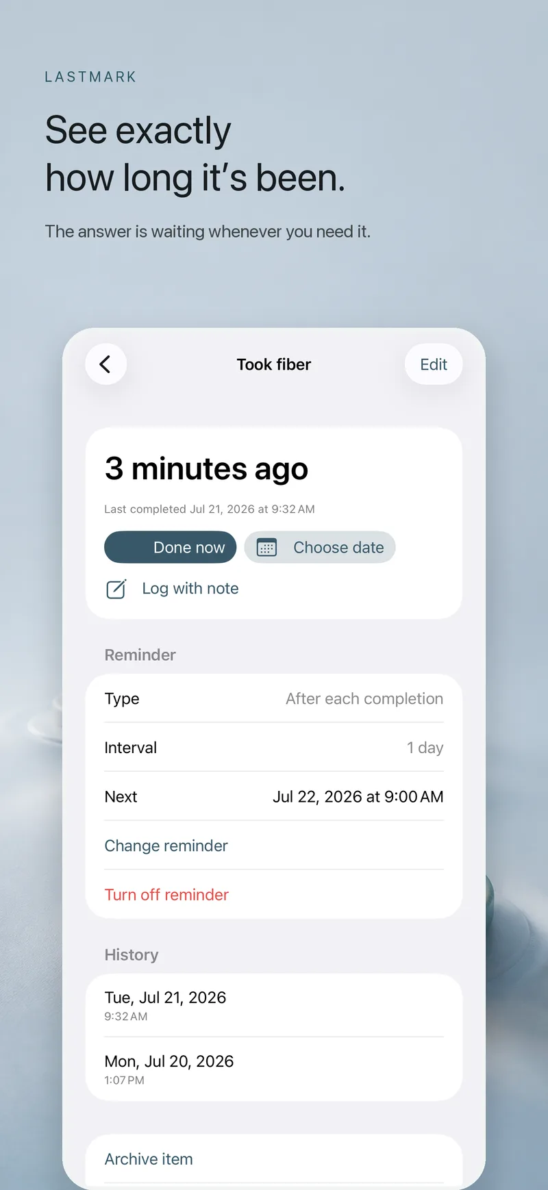 Lastmark item detail on iPhone showing elapsed time, reminder settings, and completion history