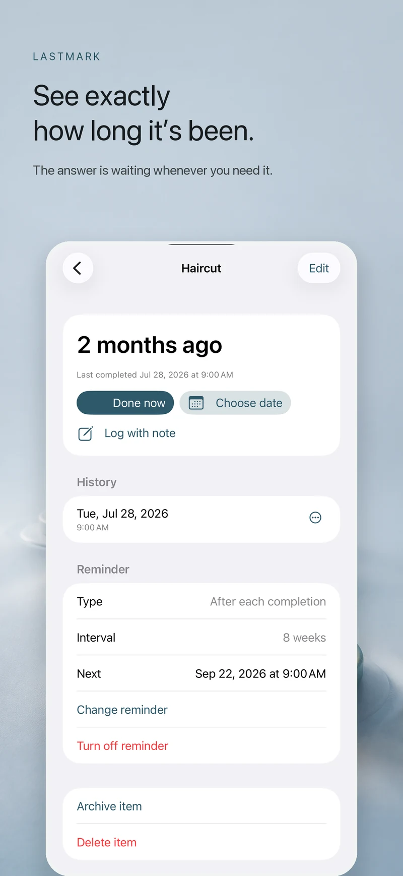 Lastmark item detail on iPhone showing elapsed time, reminder settings, and completion history