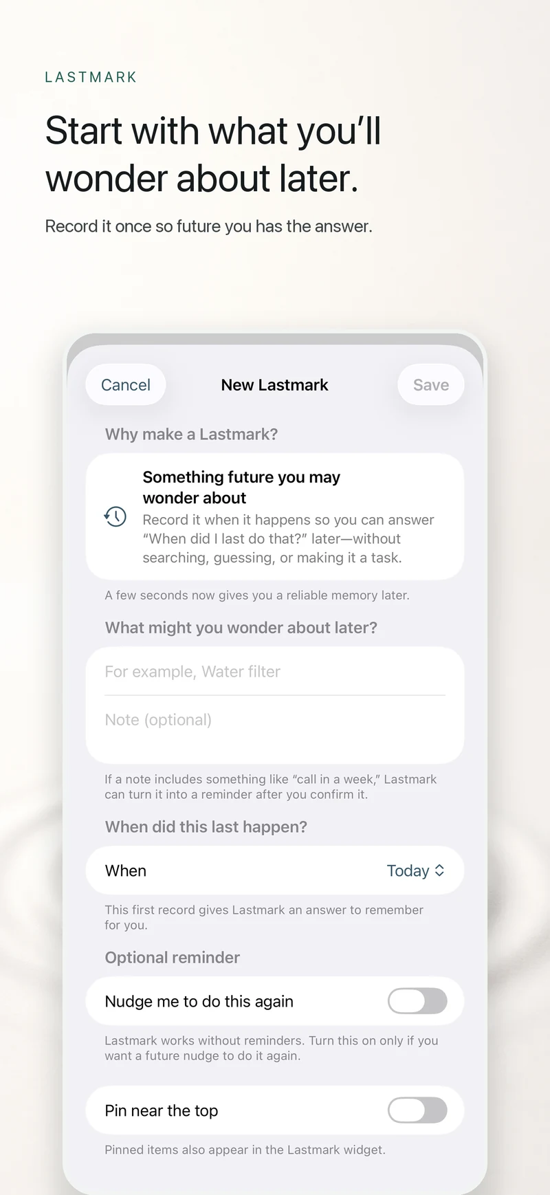 Lastmark New Lastmark editor on iPhone with name, note, date, and optional reminder fields
