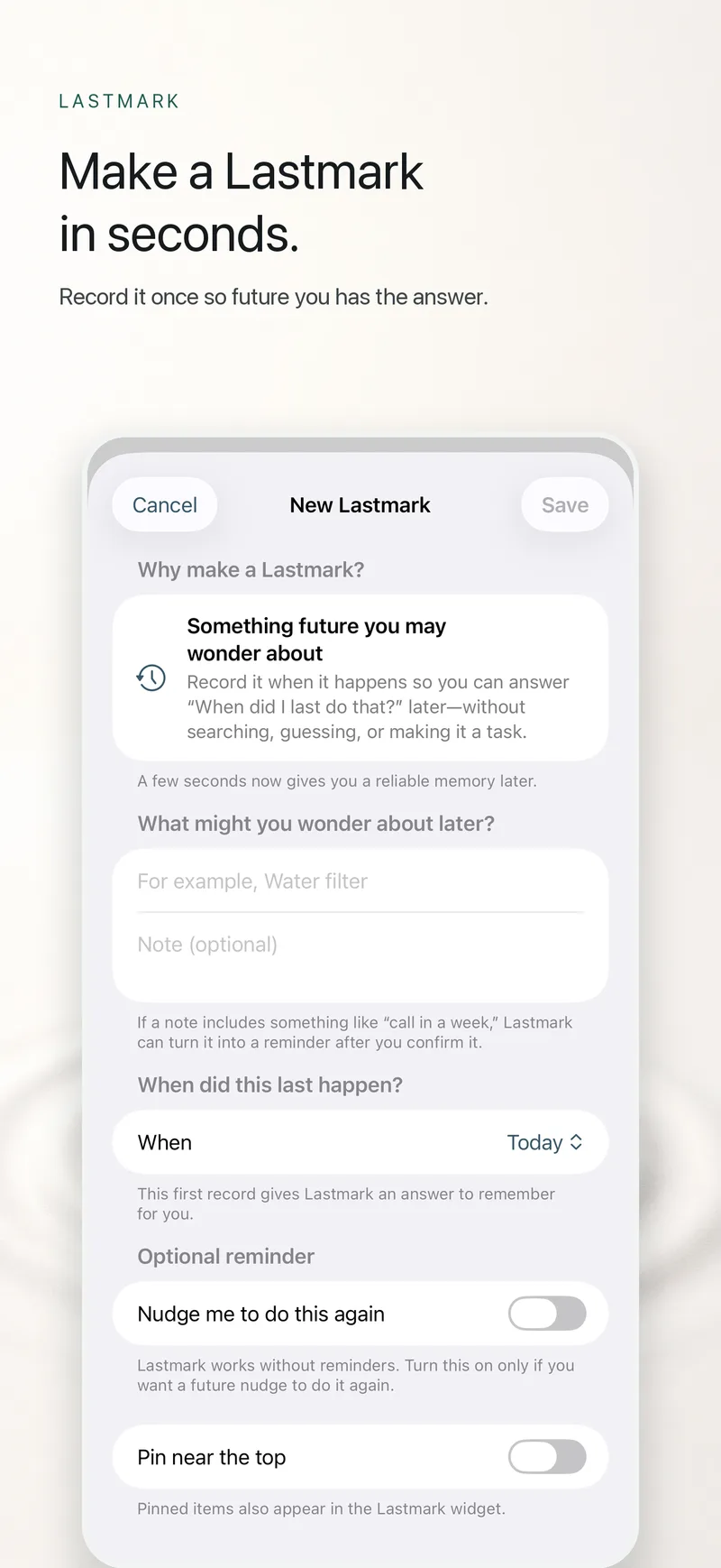 Lastmark New Lastmark editor on iPhone with name, note, date, and optional reminder fields