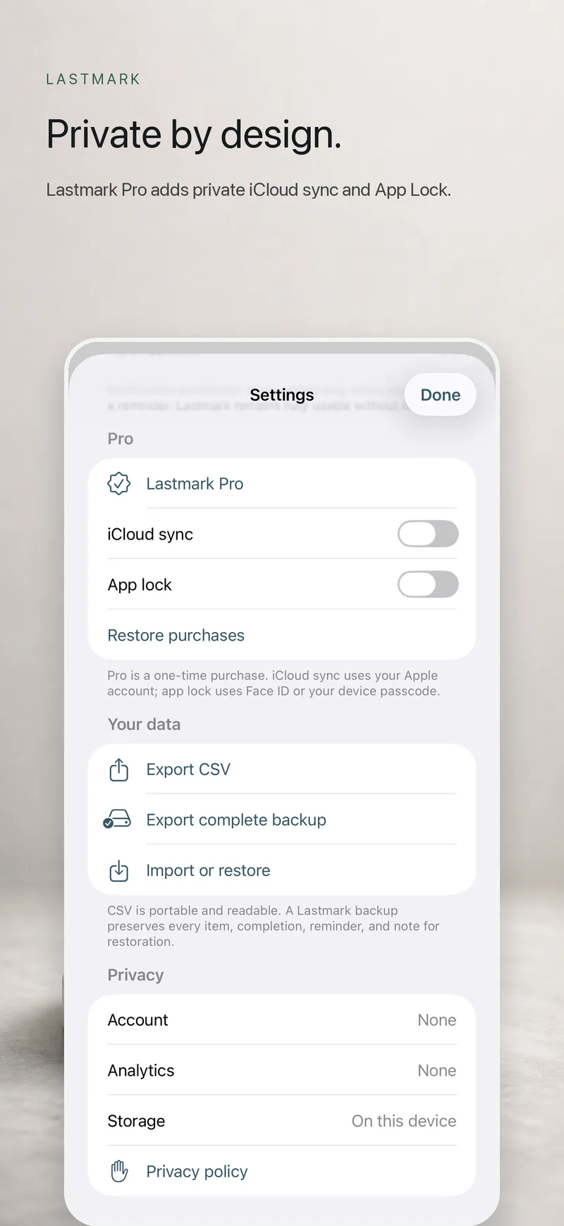 Lastmark settings on iPhone showing Pro options, iCloud sync, App Lock, export, and privacy details
