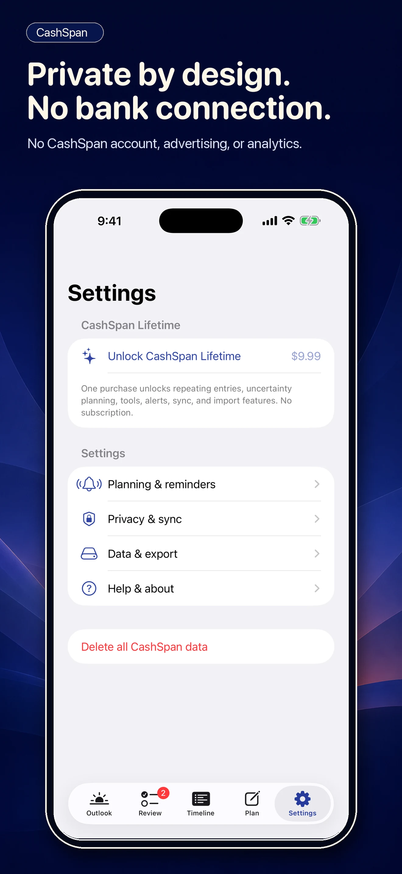 CashSpan Settings screen on iPhone showing on-device storage, Face ID lock, no bank connection, and optional iCloud Drive sync switched on by the user