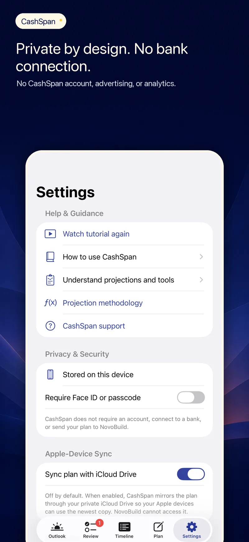 CashSpan Settings screen on iPhone showing on-device storage, Face ID lock, no bank connection, and optional iCloud Drive sync switched on by the user