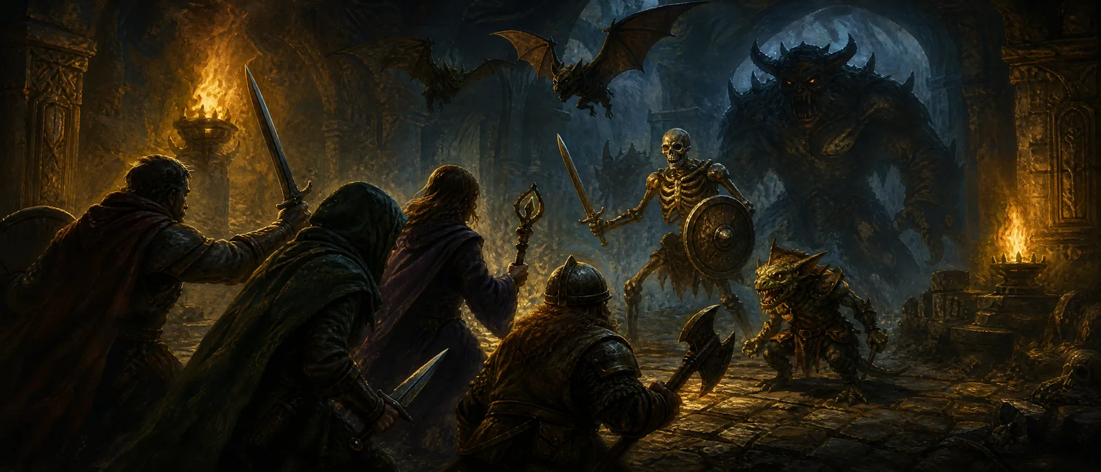 A party battles a skeleton, a goblin, and a towering demon by torchlight