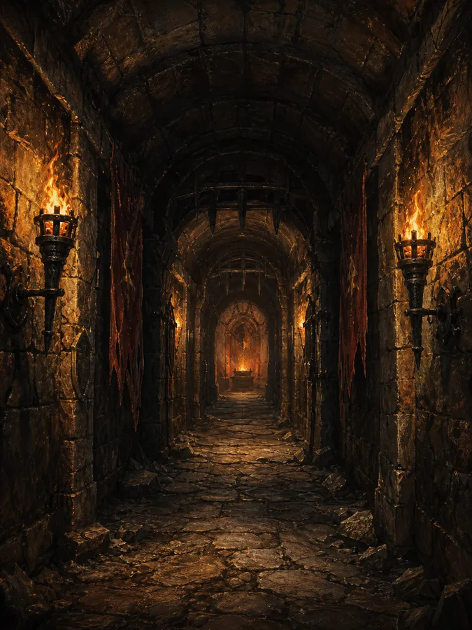 A torchlit stone corridor stretching into darkness beneath Stonegate