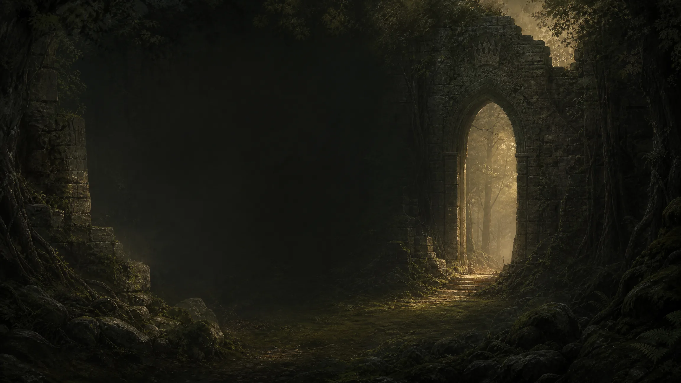 Concept art of a root-covered stone archway with daylight breaking through the overgrown forest beyond