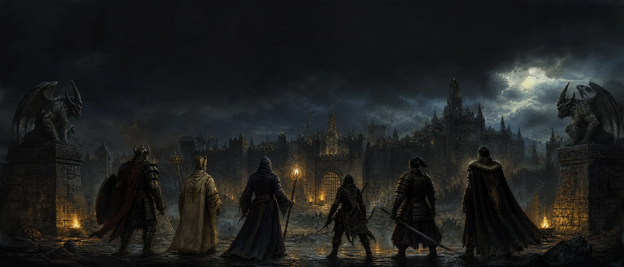 The adventuring party gathers at nightfall before the towers of Stonegate
