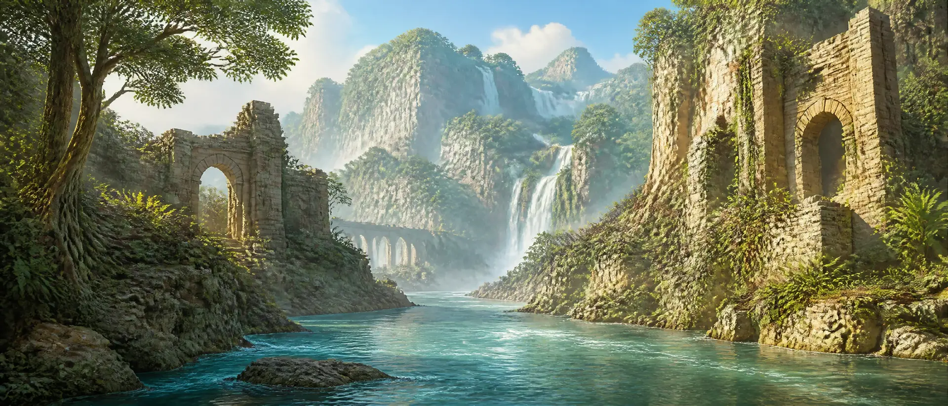 Concept art of a flooded river crossing among the waterfalls and stone ruins of Stonegate