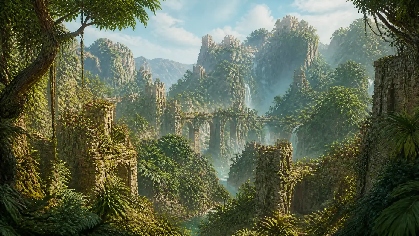 Concept art of the jungle valley of Stonegate, its ruined towers rising above an ancient aqueduct