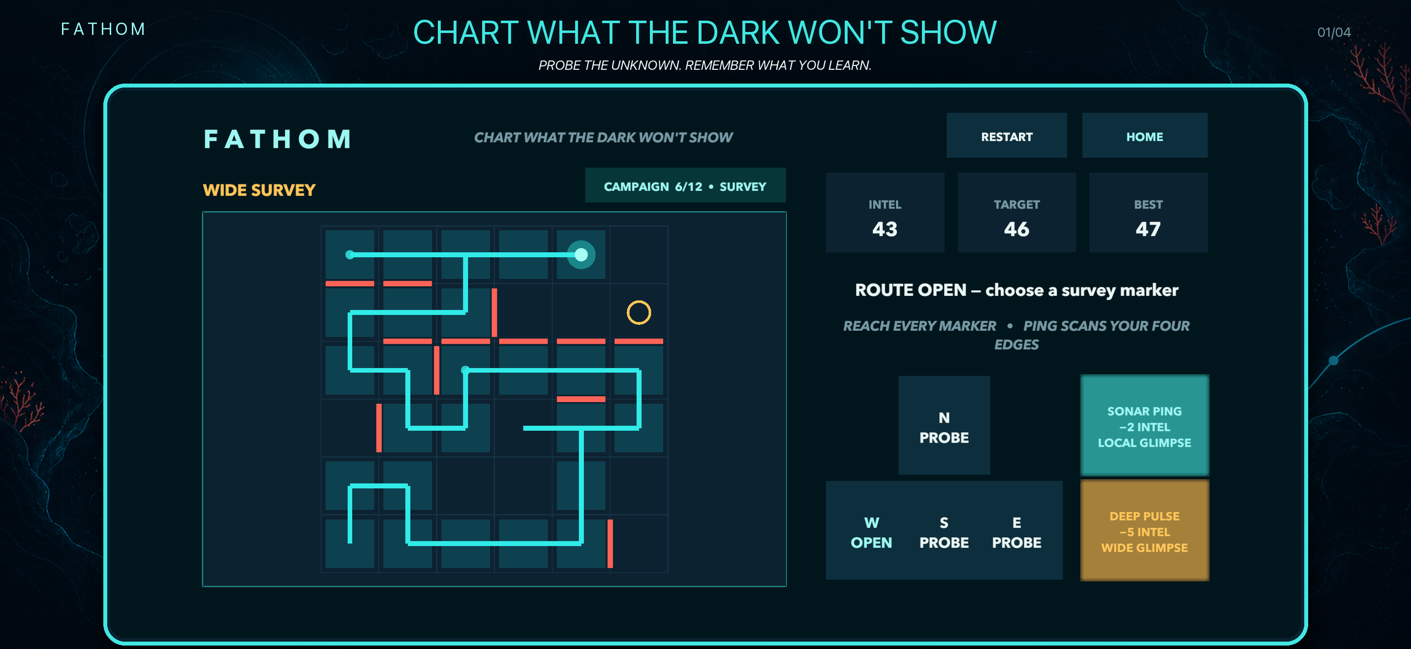 Fathom gameplay showing a cyan route being charted through a hidden grid.