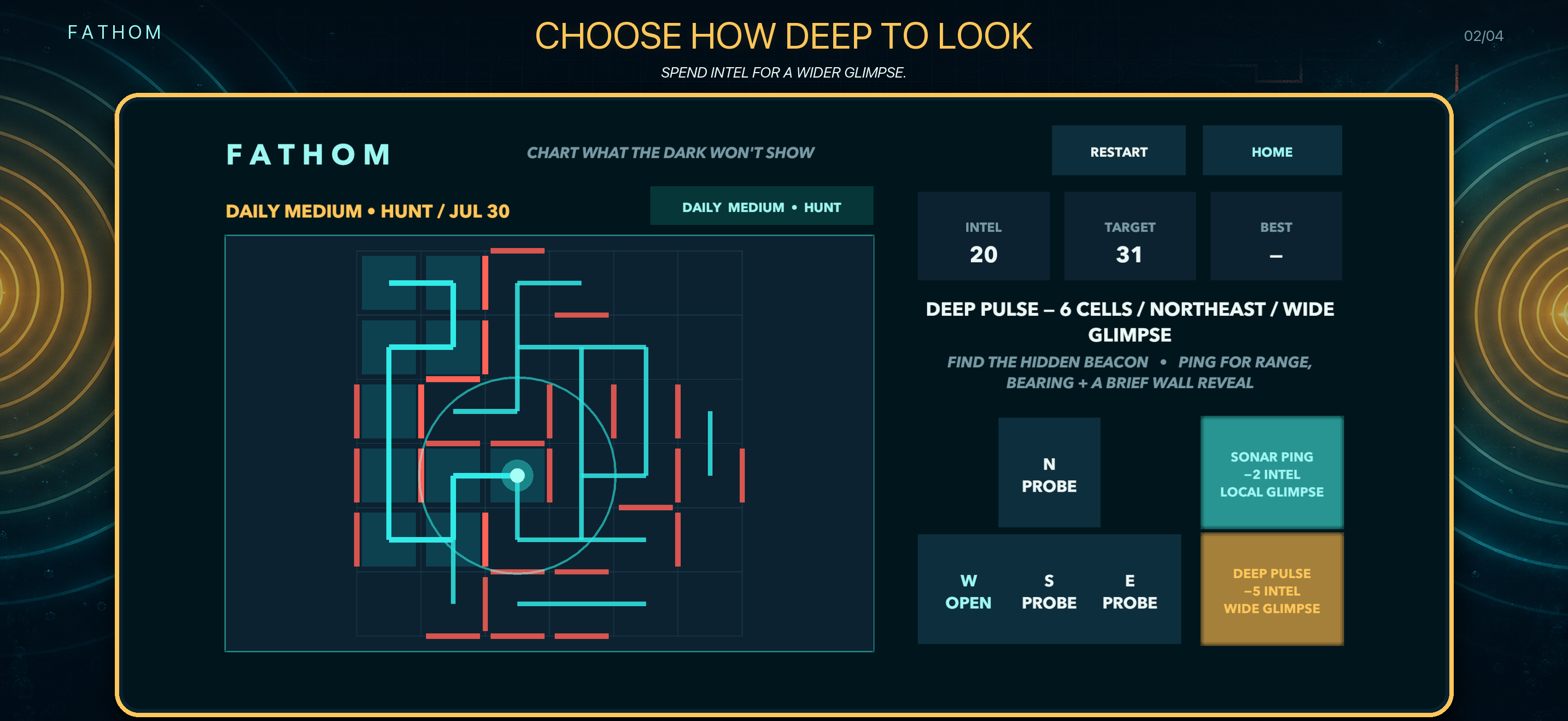 Fathom gameplay showing Sonar and Deep Pulse options beside a partially revealed route.