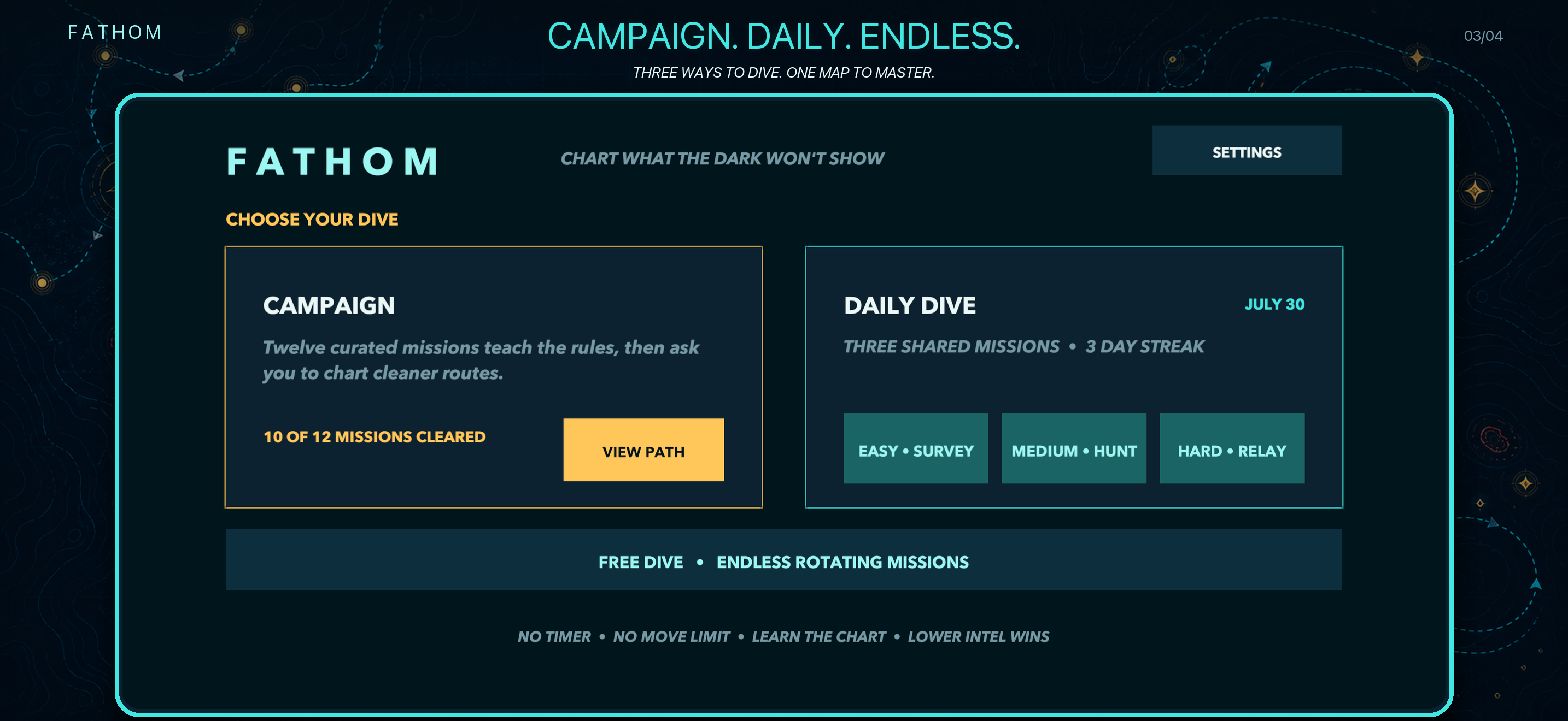 Fathom home screen showing Campaign, Daily Dive, and Free Dive modes.