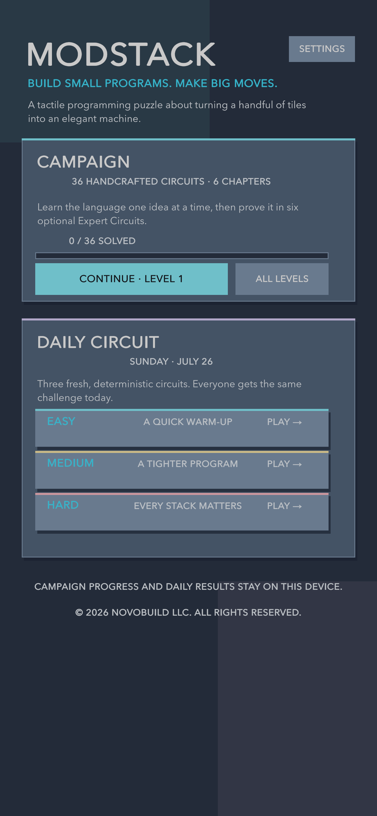 Modstack home screen with Campaign, Daily Circuit, Guide, and Settings choices