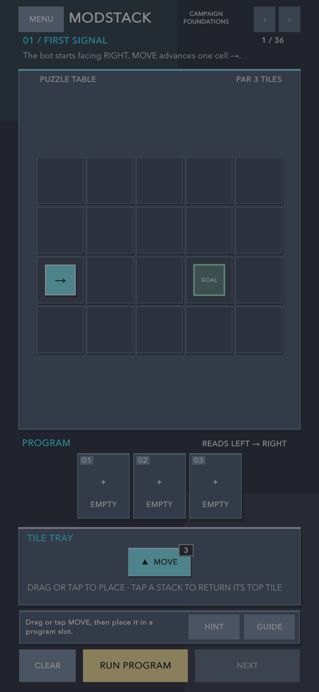 A Modstack puzzle with command tiles and the robot circuit board