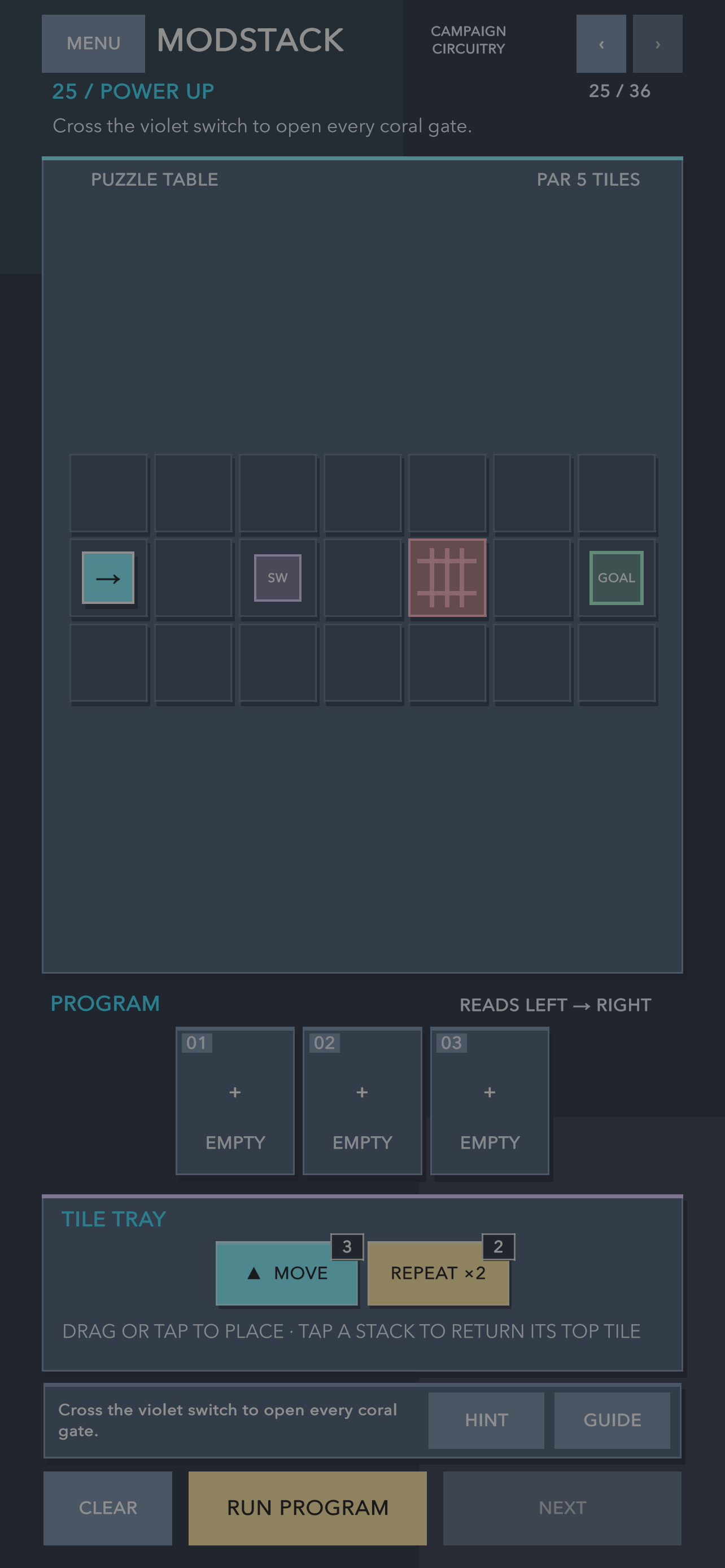A later Modstack circuitry puzzle with relays, switches, and gates