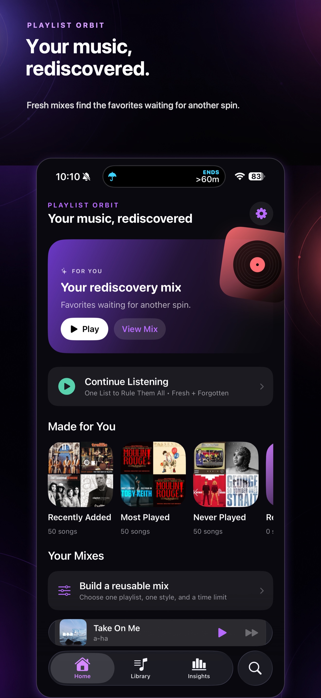 Playlist Orbit Rediscovered Songs screen, bringing overlooked Apple Music favorites back into rotation.