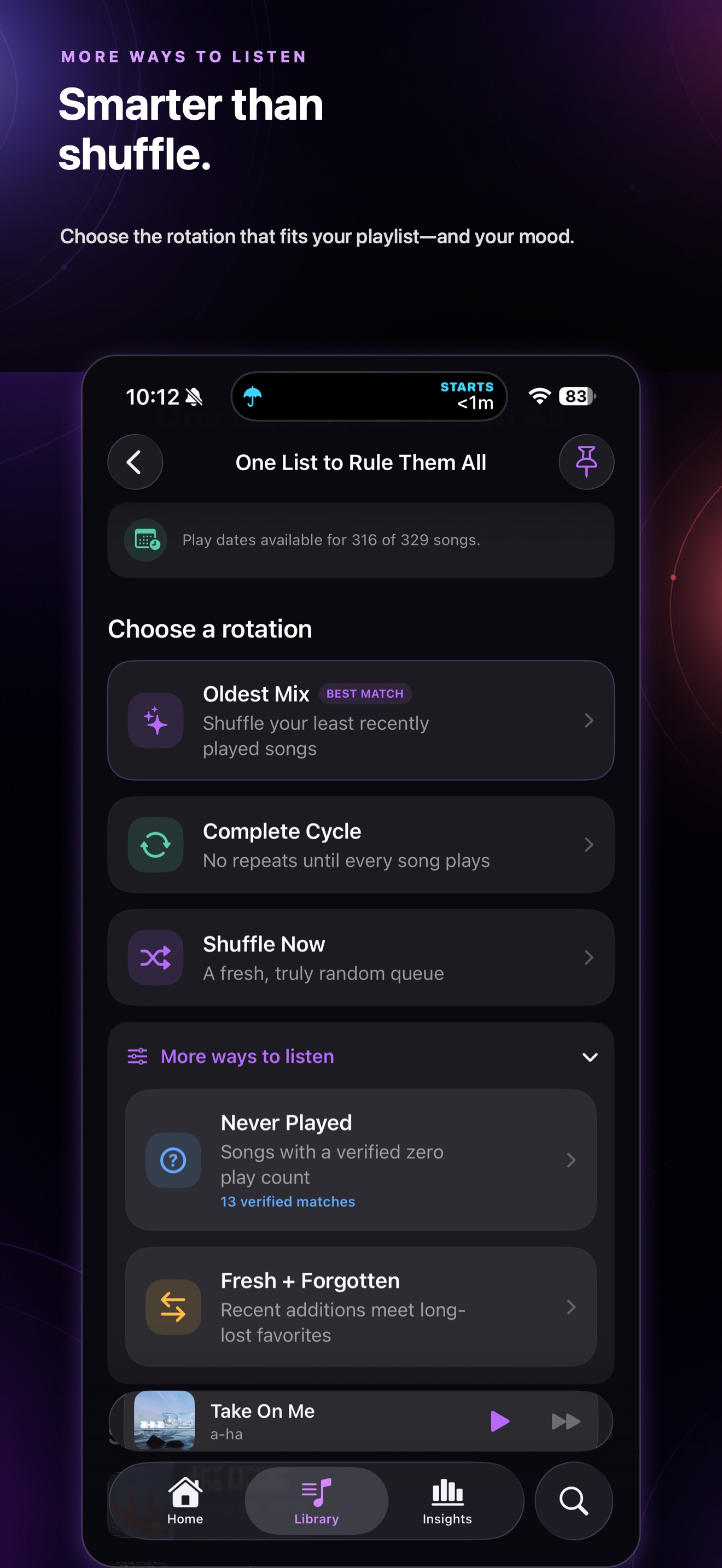 Playlist Orbit listening modes for custom mixes and no-repeat playback.